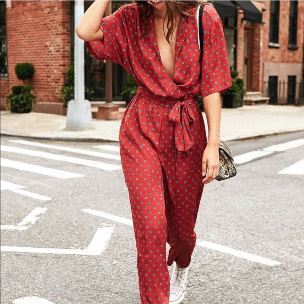 Urban Outfitter Red Bezel Wrap Belted Jumpsuit